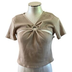 City Sleek Women’s Ribbed Knotted Short Sleeve Top color Tan size Small